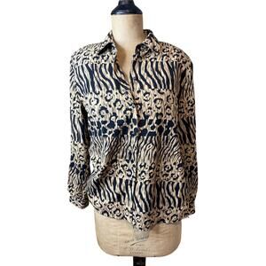 Animal‎ Print Button Down Blouse – Women's Size 8 Long Sleeve Neutral